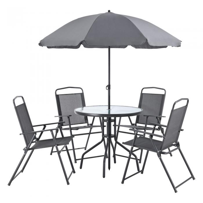 Gartenmöbel-Set HLO-PX8 Stühle mit Tisch 4 Stühlen und Sonnenschirm ~  Schwarz Dunkelgrau von Heute-Wohnen