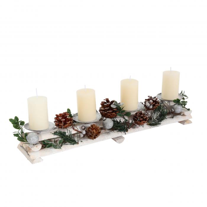 Holz mit Adventsgesteck von 18x49x13cm Weihnachtsdeko weiß Kerzenhaltern, HWC-M12 Heute-Wohnen Adventskranz ~ silber mit Kerzen