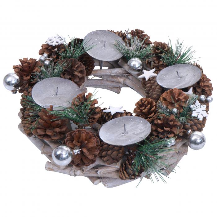 Adventskranz HWC-M15, Adventsgesteck Tischkranz Weihnachtsdeko Tischdeko, Holz MVG silber  32cm ~ ohne Kerzen