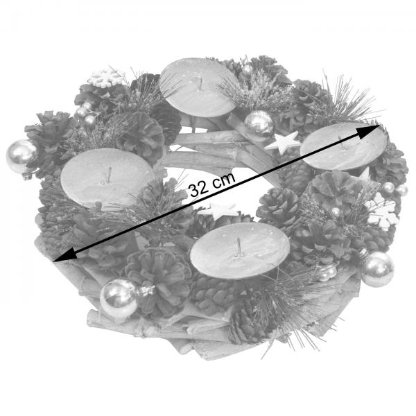 Adventskranz HWC-M15, Adventsgesteck Tischkranz Weihnachtsdeko Tischdeko, Holz MVG silber  32cm ~ ohne Kerzen