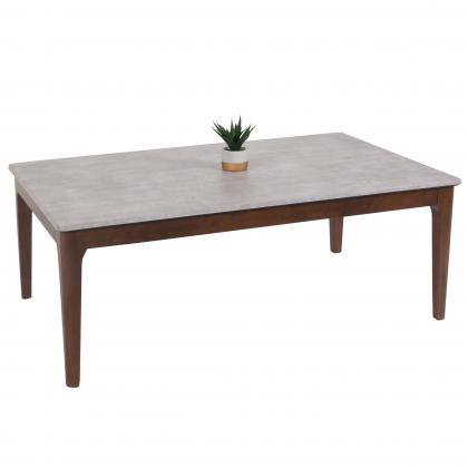 Couchtisch HWC-M55, Beistelltisch Sofatisch Massiv-Holz HDF Laminat Melamin 46x120x70cm Beton-Optik braune Beine