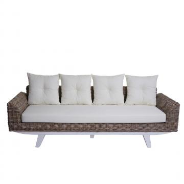 Sofa HWC-M32, 4-Sitzer Couch Rattansofa Loungesofa mit Kissen, 209cm Kubu Rattan natur Stoff/Textil Polster creme