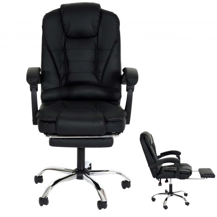 Bürostuhl HWC-M80, Schreibtischstuhl Drehstuhl Chefsessel, ausziehbare  Fußstütze Kunstleder silbernes Fußkreuz ~ schwarz von Heute-Wohnen