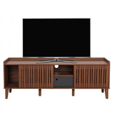 TV-Rack HWC-M48, Lowboard TV-Schrank, Schiebetr Mango-Massivholz 56x150x40cm ~ Walnuss-Optik, Schublade dunkelgrau