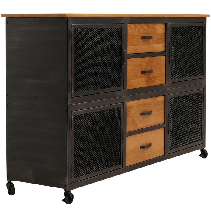 Sideboard HWC-N28, Kommode, Rollen 4 Schubladen, 3D-Struktur Industrial Retro Metall Holz 90x150x40cm ~ schwarz, natur