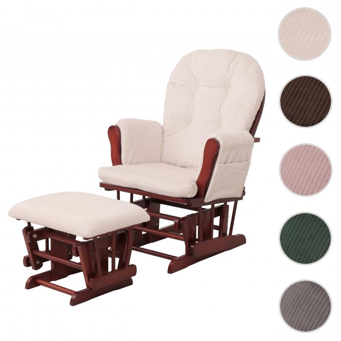 Relaxsessel HWC-C76, Schaukelstuhl Sessel Schwingstuhl mit Hocker Stoff Cord 320g/m ko-Tex ~ creme Gestell dunkel