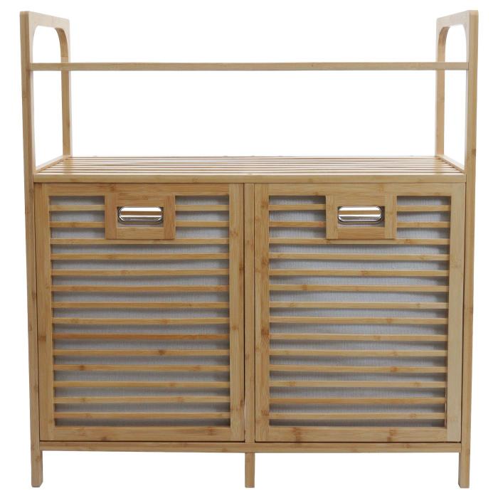 Bambus Badezimmerschrank HWC-N83, Wschesammler Regal Badschrank, 2 Wschekrbe 2 Regalbden FSC-zertifiziert 88x81x33cm