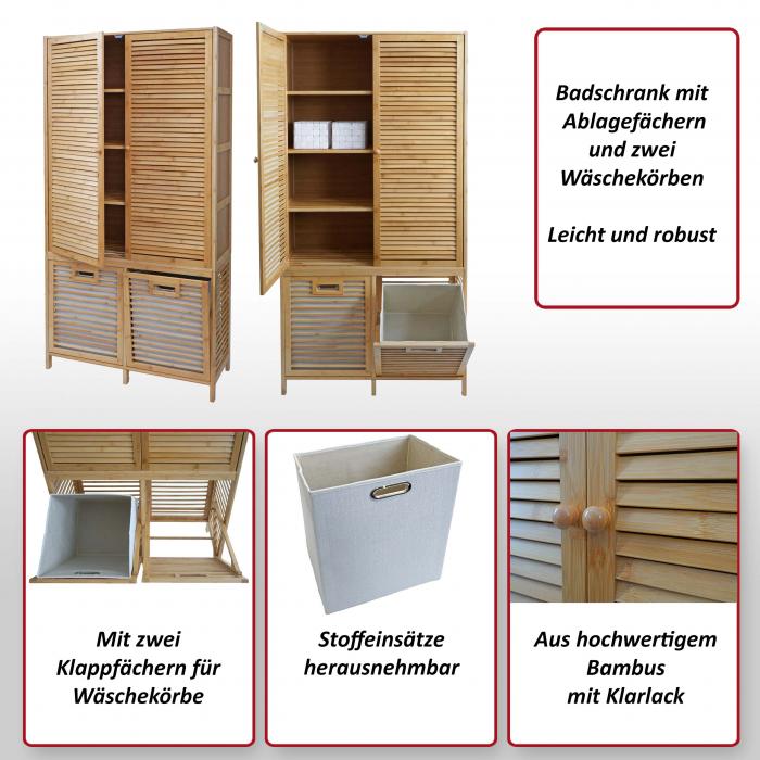 Bambus Badezimmerschrank HWC-N83, Regal Badregal Badschrank Schrank, 2 Wschekrbe 2 Tren FSC 168x82x34cm