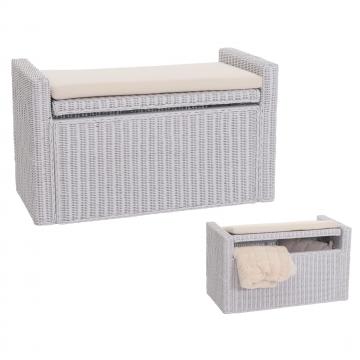 Sitzbank M92 Garderobenbank Bank Sitzhocker, mit Stauraum Kissen Kubu Rattan 88cm ~ wei