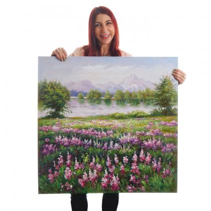 lgemlde Blumenwiese, 100% handgemaltes Wandbild Gemlde XL, 80x80cm