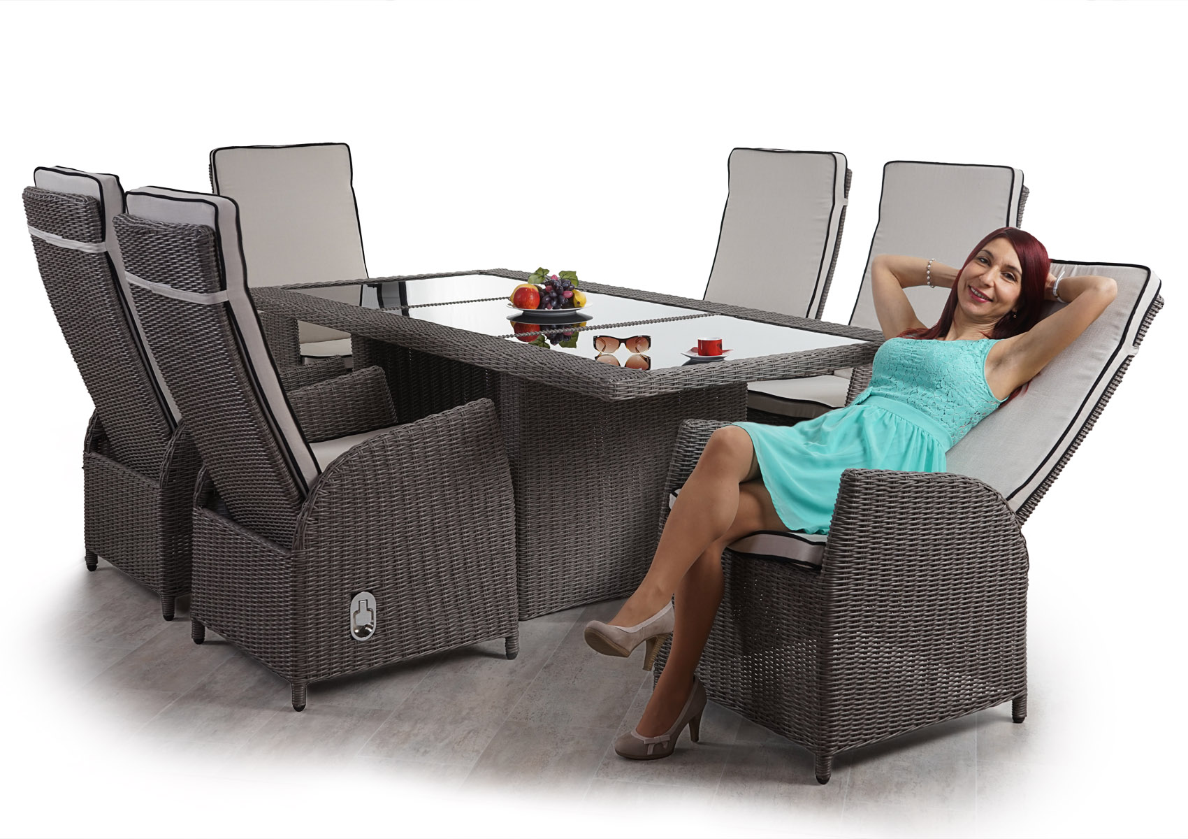 Luxus Poly-Rattan-Garnitur Badalona, Lounge Set Alu-Sitzgruppe Tisch + 6  Stühle | eBay