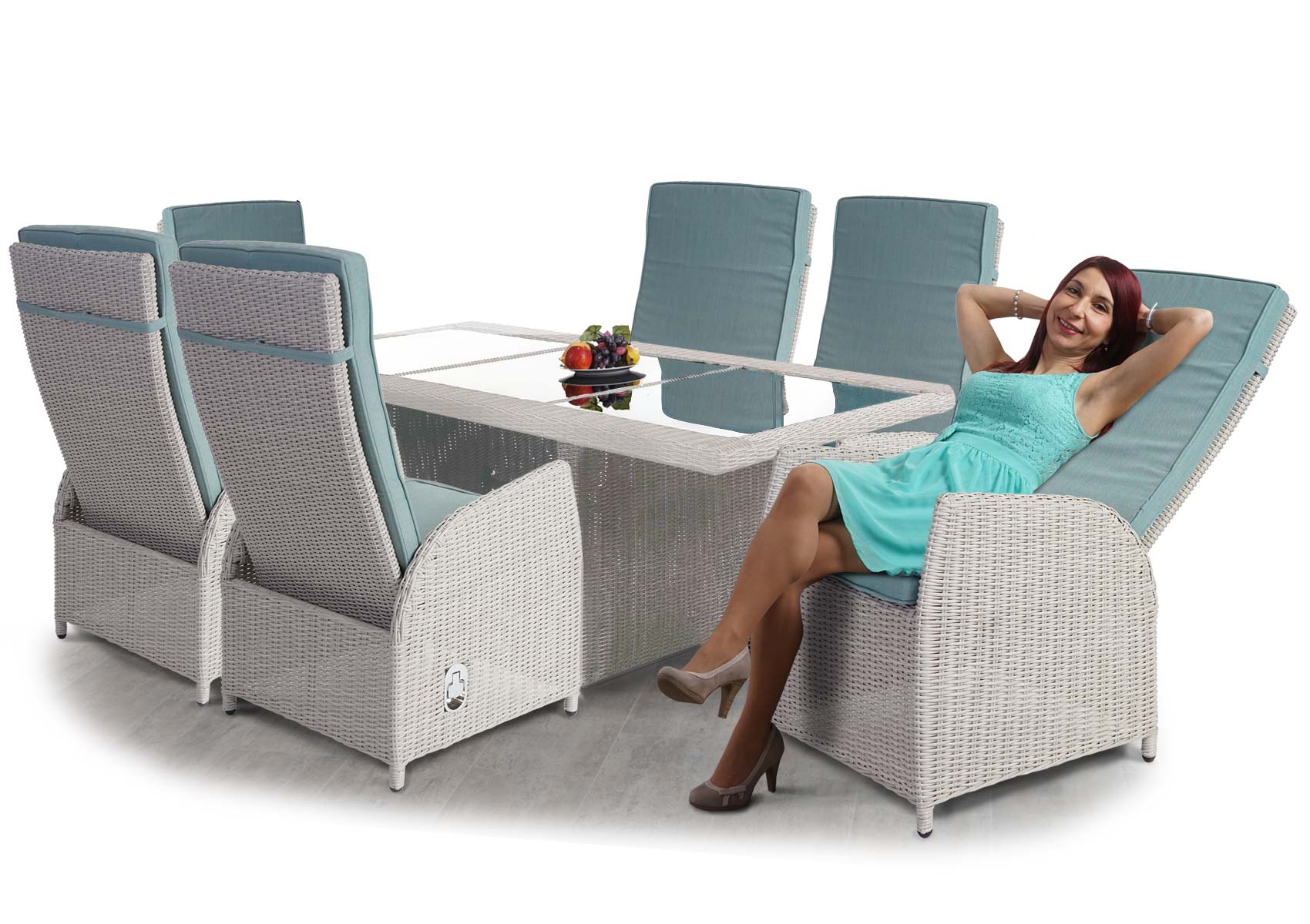 Luxus Poly-Rattan-Garnitur Badalona, Premium Lounge Set Alu-Sitzgruppe  Tisch + 6 verstellbare Stühle ~ hellgrau von Heute-Wohnen