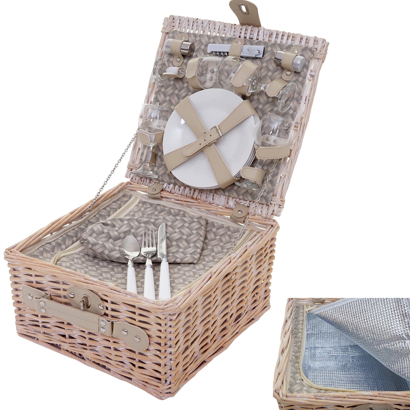 Picknickkorb-Set für 4 Personen, Picknicktasche + Kühlfach, Porzellan Glas  Edelstahl, beige von Heute-Wohnen
