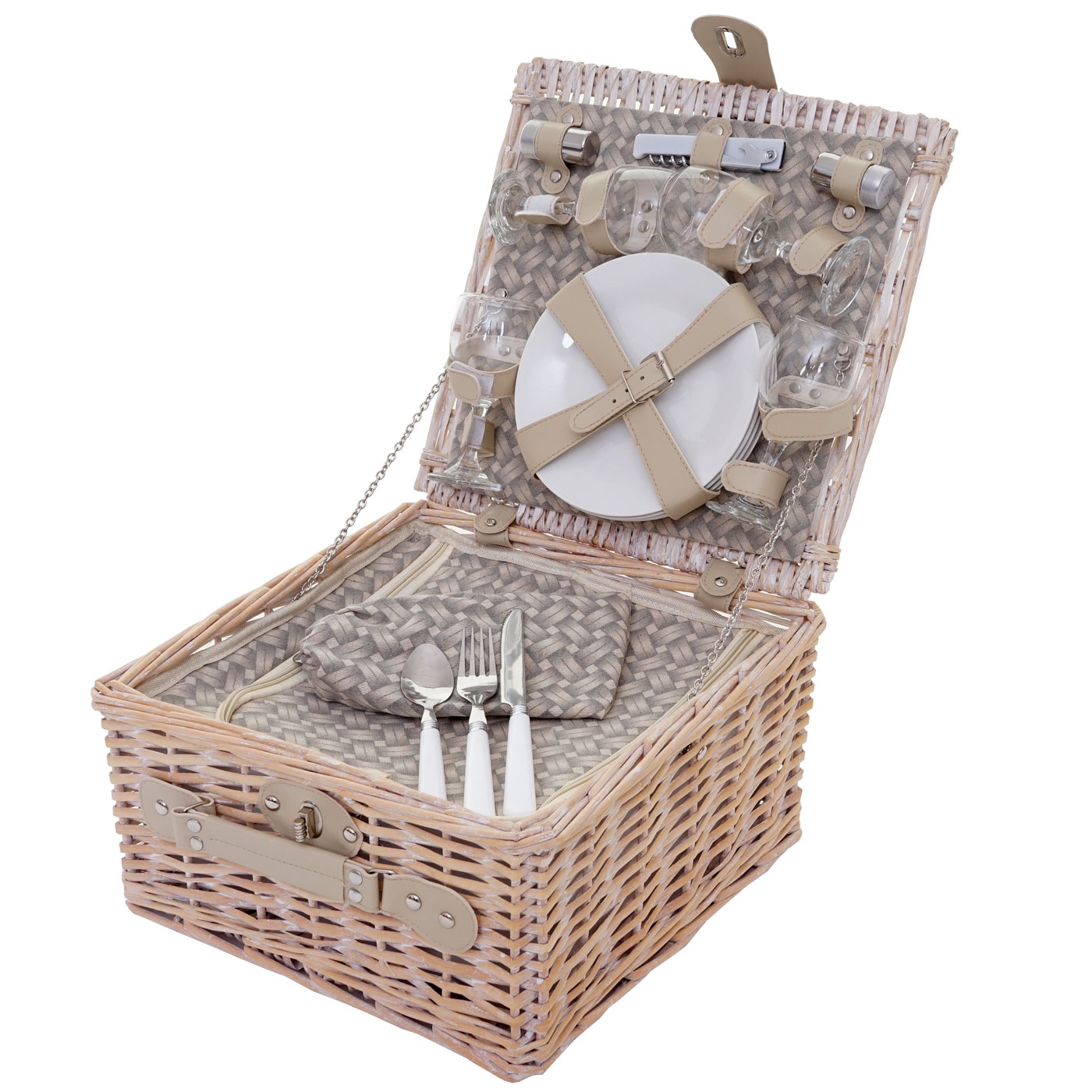 Picknickkorb-Set für 4 Personen, Picknicktasche + Kühlfach, Porzellan Glas  Edelstahl, beige von Heute-Wohnen