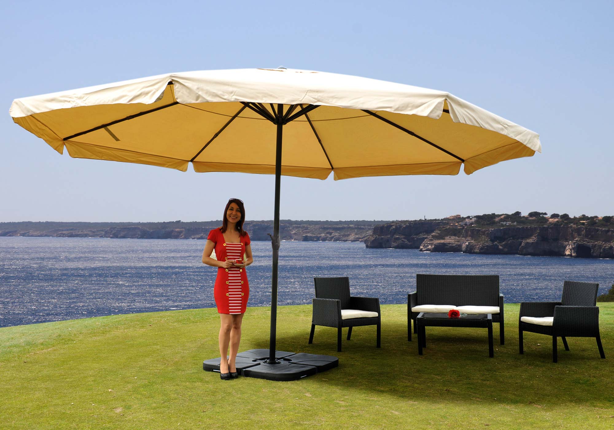Sonnenschirm Meran Pro, Gastronomie Marktschirm mit Volant Ø 5m  Polyester/Alu 28kg ~ creme mit Ständer von Heute-Wohnen