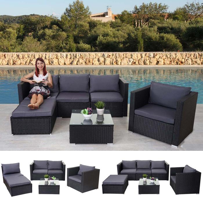 Poly-Rattan-Garnitur Brescia, Gartengarnitur Sitzgruppe Sofa Lounge-Set ~  schwarz, Kissen anthrazit von Heute-Wohnen