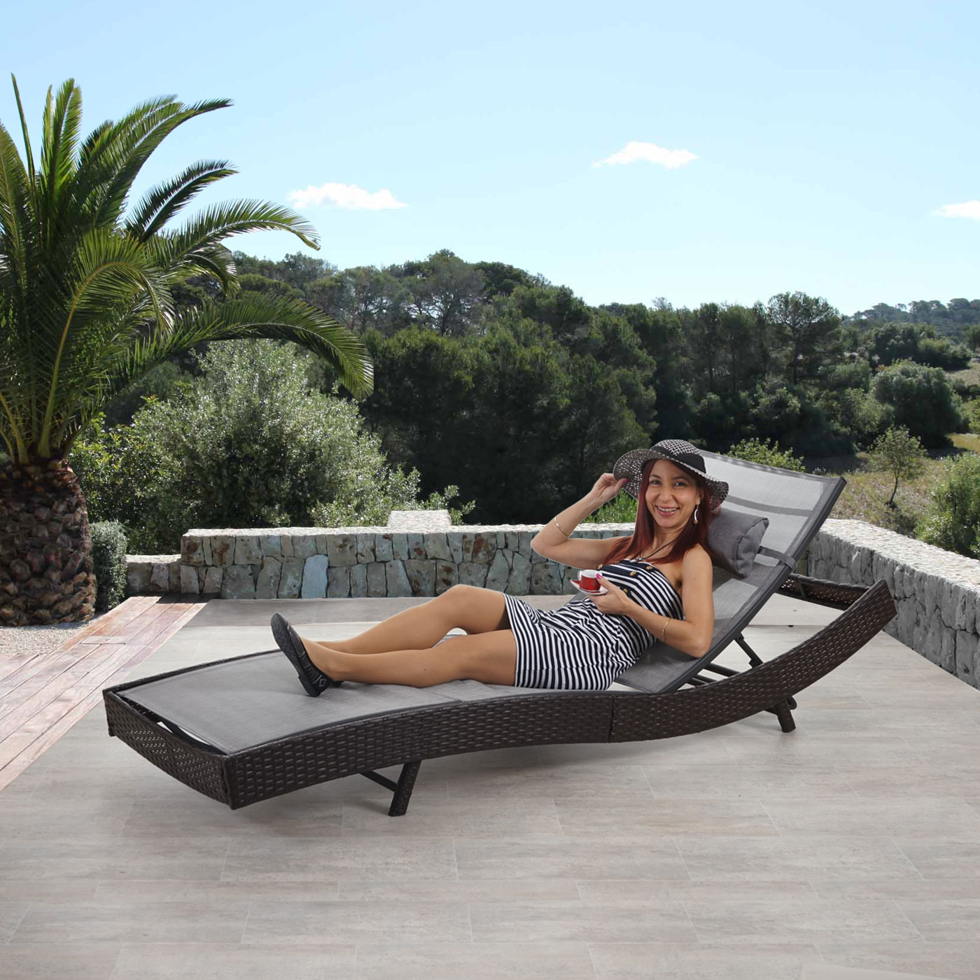 Sonnenliege Savannah, Relaxliege Gartenliege Liege, Poly-Rattan -  braun-meliert, Bezug grau | Swisshandel24