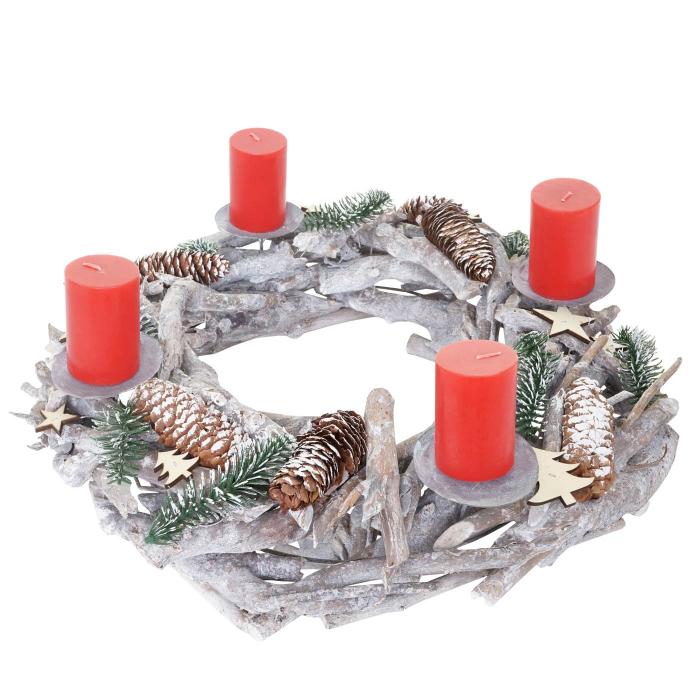 Adventskranz XXL rund, Weihnachtsdeko Tischkranz, Holz Ø 48cm weiß-grau ~  mit Kerzen, rot von Heute-Wohnen