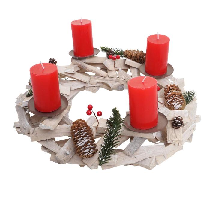 Adventskranz rund, Weihnachtsdeko Tischkranz, Holz Ø 40cm weiß-grau ~ mit  Kerzen, rot von Heute-Wohnen