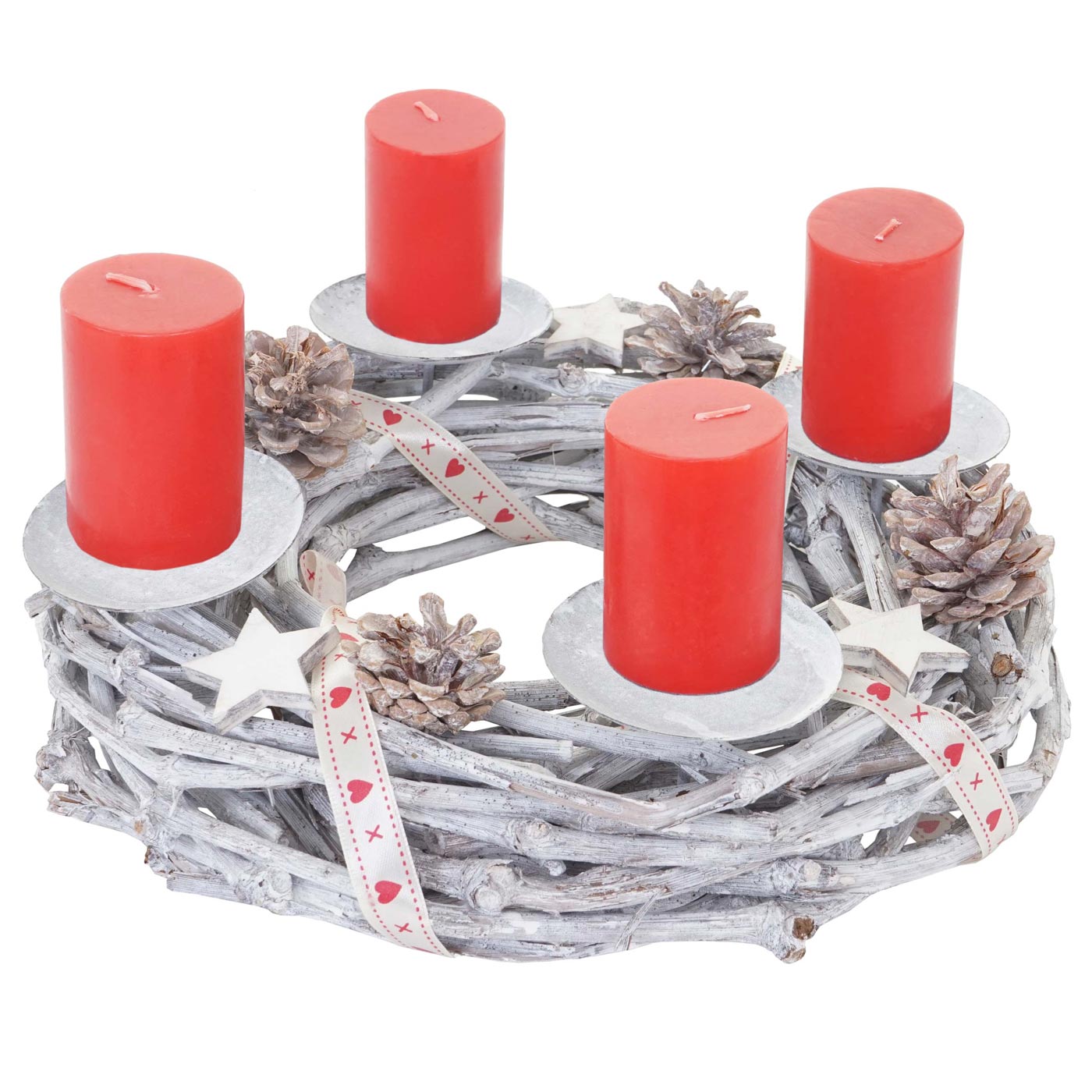 Adventskranz rund, Weihnachtsdeko Tischkranz, Holz Ø 30cm weiß-grau ~ mit  Kerzen, rot von Heute-Wohnen