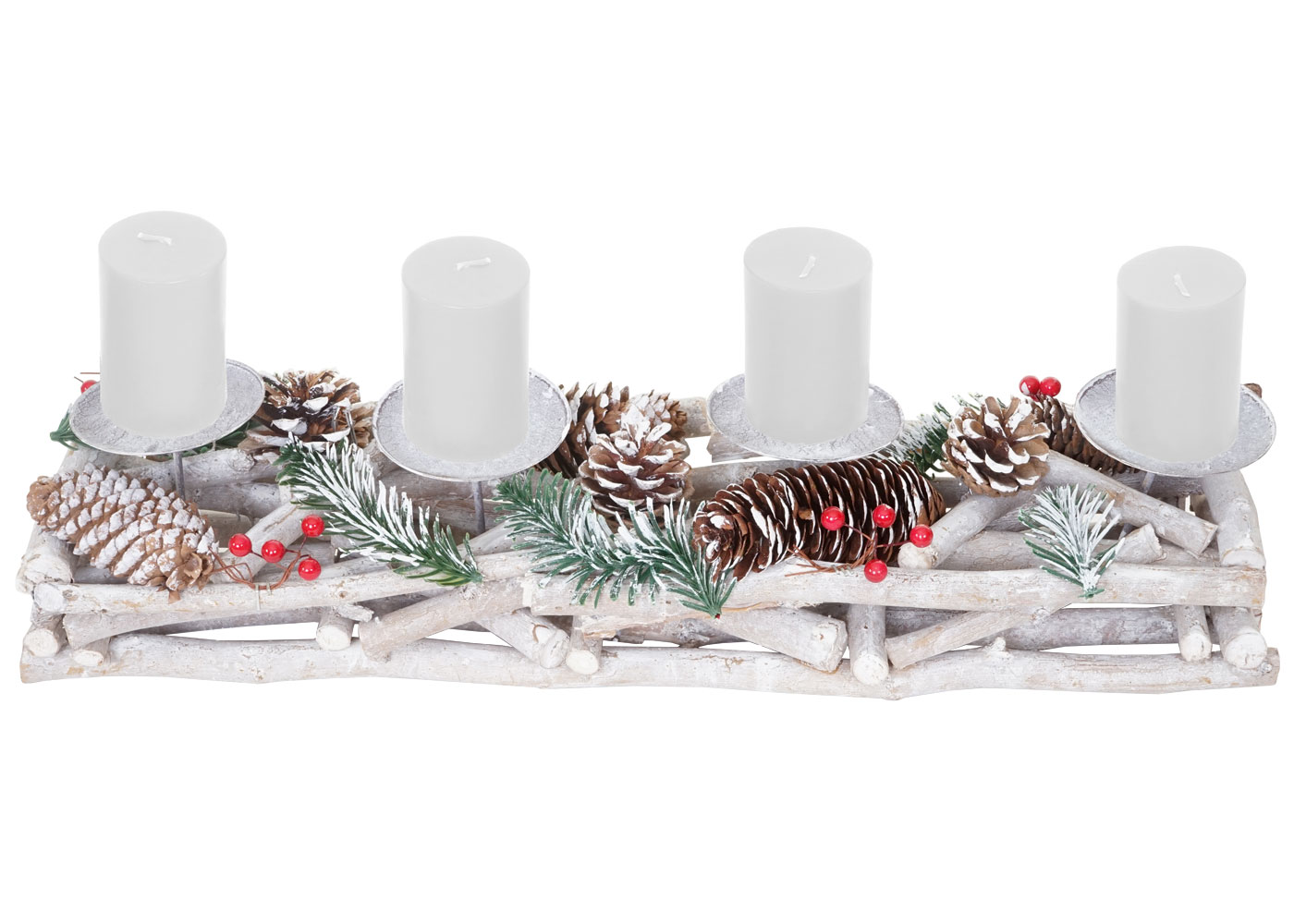 Adventskranz länglich, Weihnachtsdeko Adventsgesteck, Holz 11x15x50cm  weiß-grau ~ mit Kerzen, weiß von Heute-Wohnen