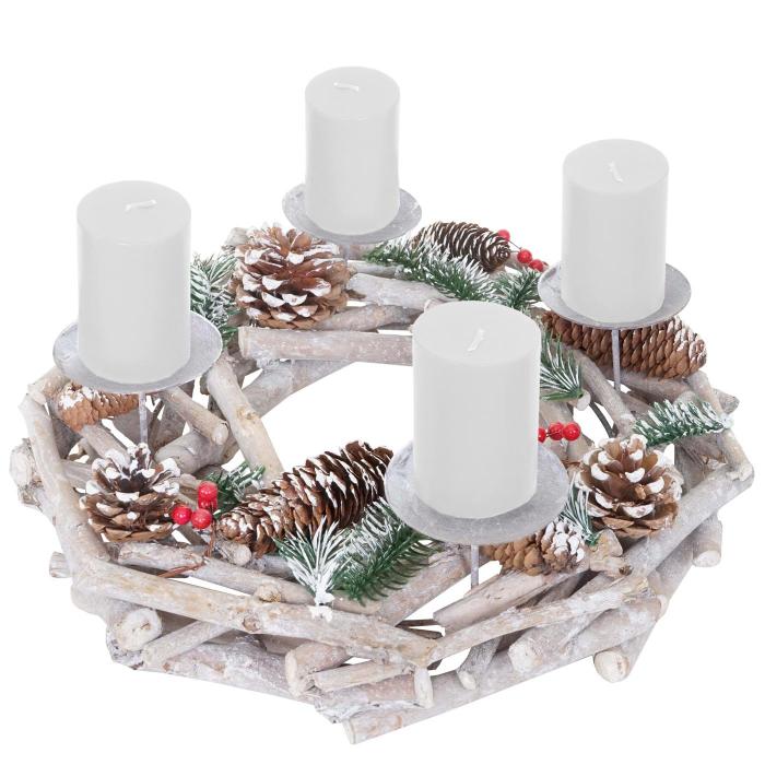 Adventskranz rund, Weihnachtsdeko Tischkranz, Holz Ø 35cm weiß-grau ~ mit  Kerzen, weiß von Heute-Wohnen