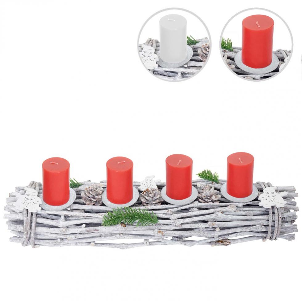 Adventskranz länglich, Weihnachtsdeko Adventsgesteck, Holz 60x16x9cm weiß-grau ~ mit Kerzen, rot