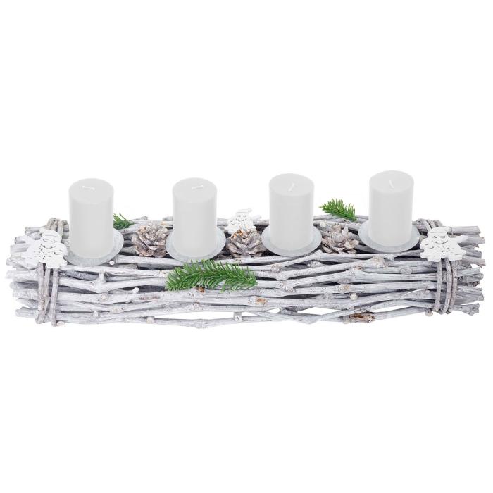 Adventskranz länglich, Weihnachtsdeko Adventsgesteck, Holz 60x16x9cm weiß-grau  ~ mit Kerzen, weiß von Heute-Wohnen