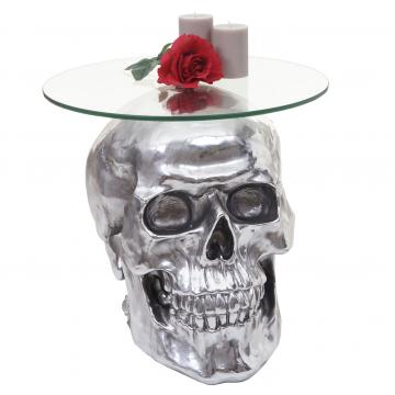 Beistelltisch Totenkopf HWC-A19, Polyresin Glastisch Wohnzimmertisch, silber 52x55x55cm