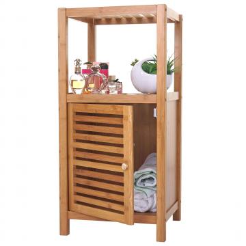 Badregal HWC-B18, Badezimmer Badschrank Standregal mit Tr, Bambus ~ 80x36x34cm