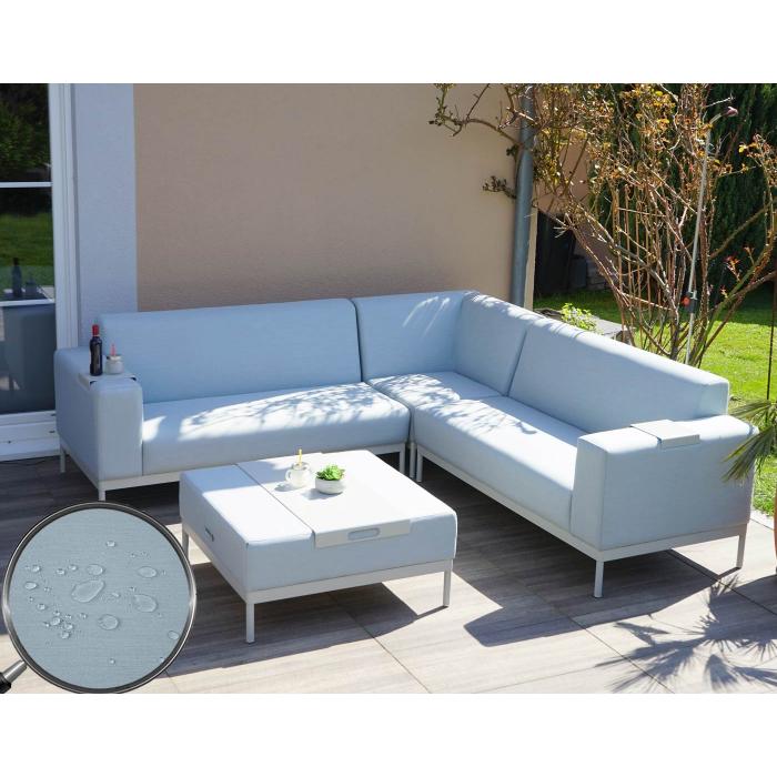 Alu-Garten-Garnitur HWC-C47, Sofa, Outdoor Stoff/Textil ~ blau mit Ablage,  ohne Kissen von Heute-Wohnen