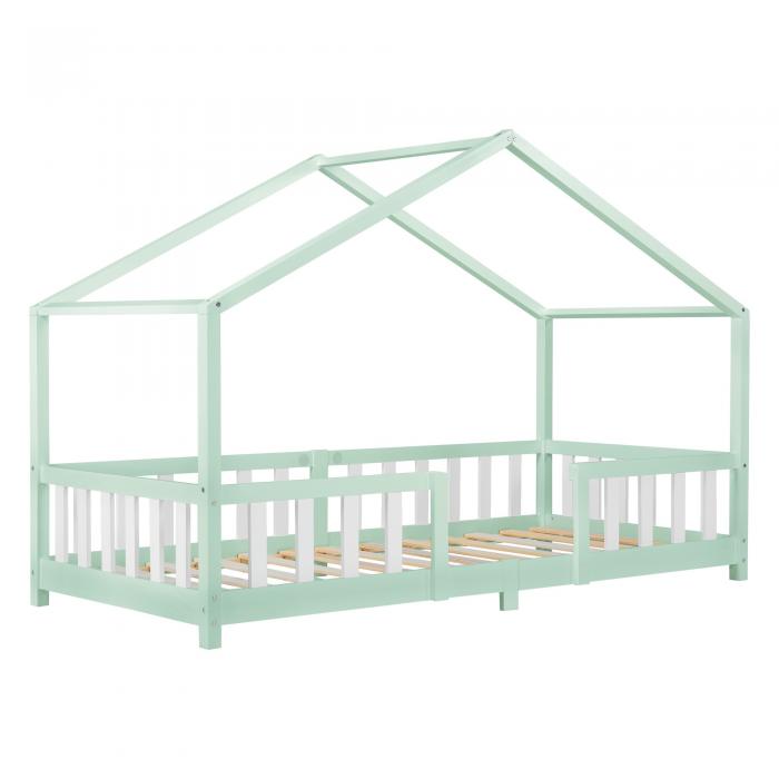 Kinderbett HLO-PX189 90x200 cm mit Lattenrost + Gitter Holz ~ Minze / Weiß  von Heute-Wohnen