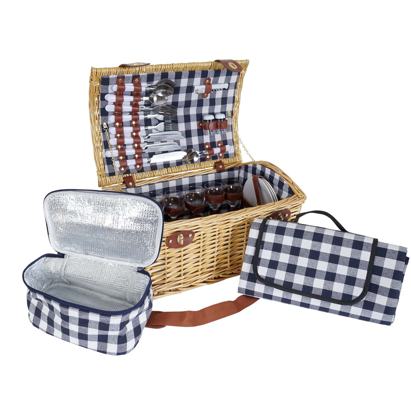 Picknickkorb-Set für 6 Personen, Weiden-Korb, blau-weiss | Swisshandel24