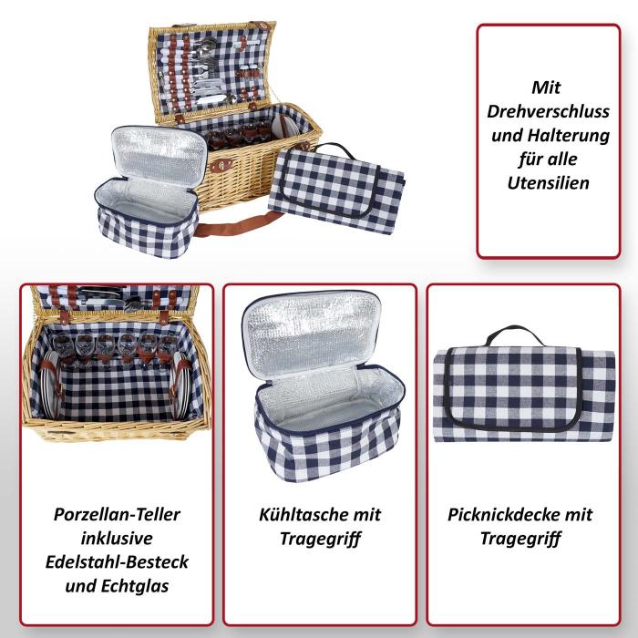 Picknickkorb-Set HWC-B23 für 6 Personen, Weiden-Korb Picknickdecke,  Porzellan Glas Edelstahl, blau-weiß von Heute-Wohnen
