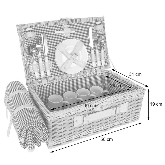 Picknickkorb-Set HWC-B24 für 4 Personen, Weiden-Korb, Porzellan Edelstahl ~  schwarz-weiß von Heute-Wohnen