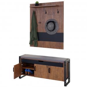 Garderobe mit Sitzbank HWC-A27, Garderobenpaneel Kommode, 53x110x30cm 3D-Struktur, Wildeiche-Optik