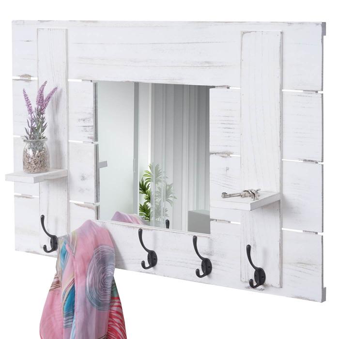 Wandgarderobe HWC-C89 mit Spiegel, Garderobenpaneel Garderobe, Shabby-Look  Vintage, 5 Haken 90x60cm ~ weiß, shabby von Heute-Wohnen