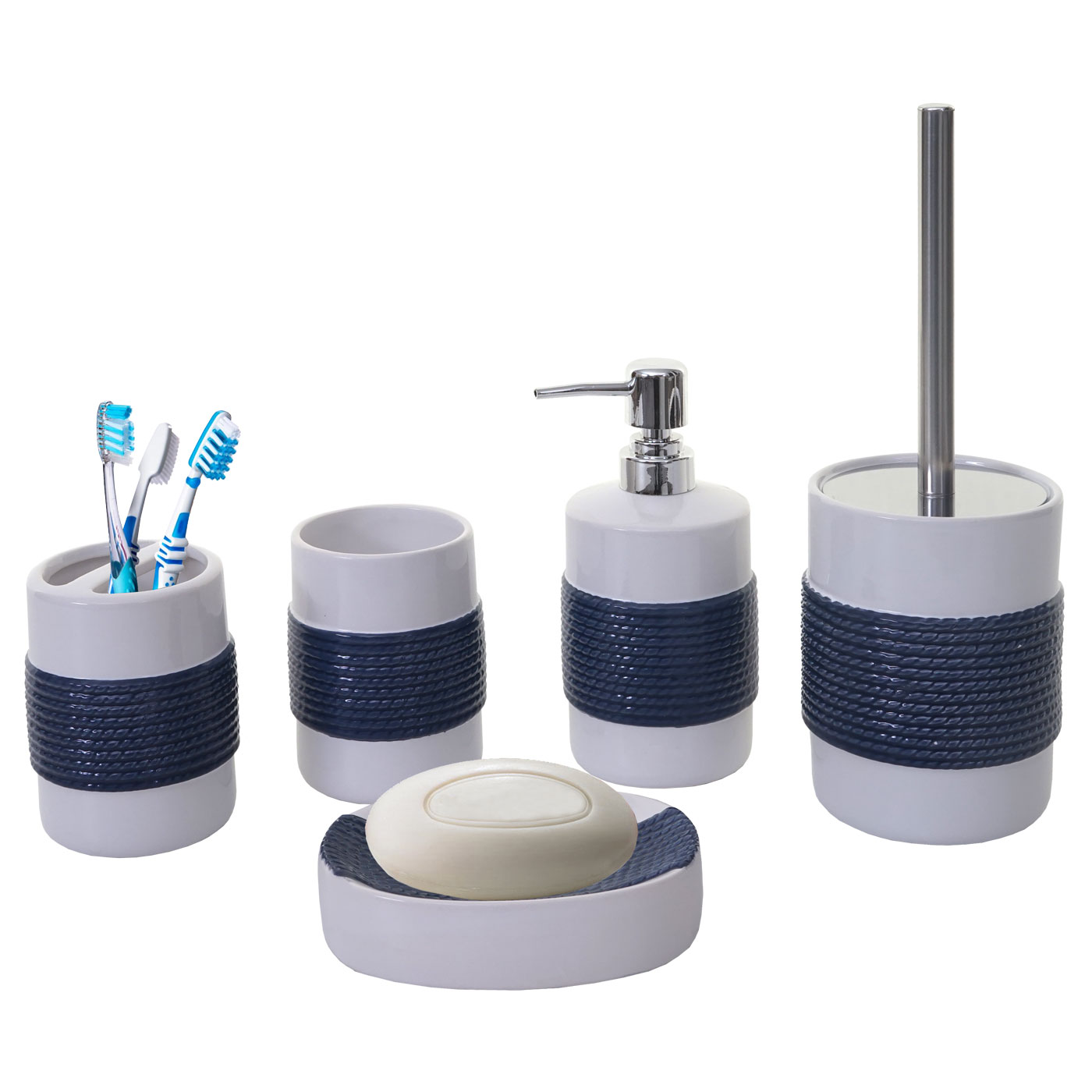 5-teiliges Badset HWC-C73, WC-Garnitur Badezimmerset Badaccessoires, Keramik  ~ blau/weiß von Heute-Wohnen