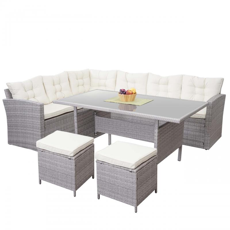 Poly-Rattan-Garnitur HWC-A29, Gartengarnitur Sitzgruppe Lounge-Esstisch-Set Sofa ~ hellgrau, Kissen creme + 2x Hocker