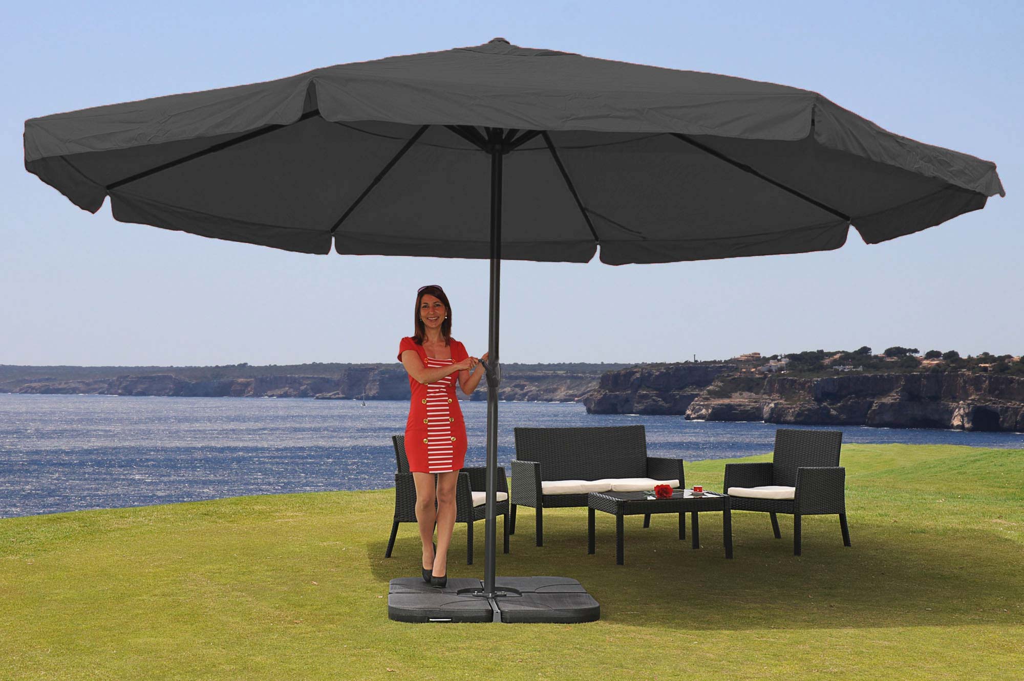 Sonnenschirm Meran Pro, Gastronomie Marktschirm mit Volant Ø 5m  Polyester/Alu 28kg ~ anthrazit mit Ständer von Heute-Wohnen