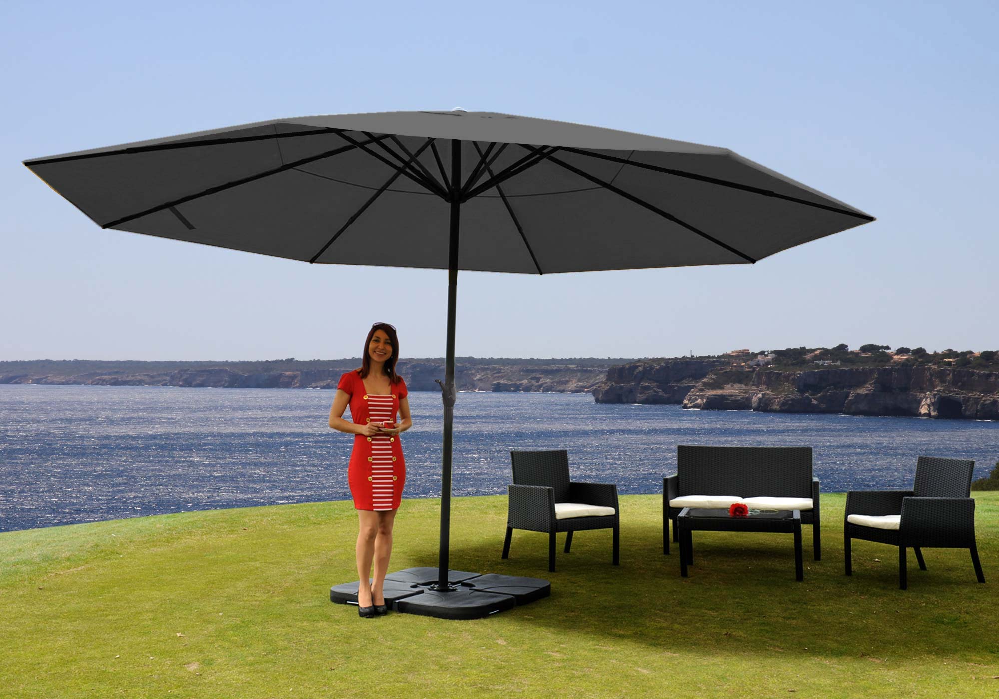 Sonnenschirm Meran Pro, Gastronomie Marktschirm ohne Volant Ø 5m  Polyester/Alu 28kg ~ anthrazit mit Ständer von Heute-Wohnen