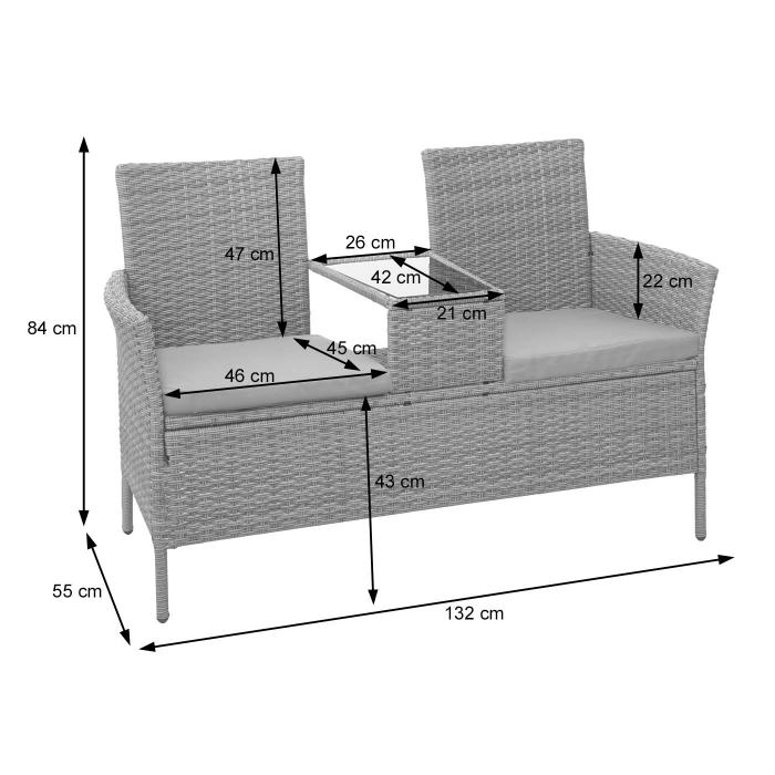 Poly-Rattan Sitzbank mit Tisch HWC-E24, Gartenbank Sitzgruppe Gartensofa,  132cm ~ grau, Kissen dunkelgrau von Heute-Wohnen