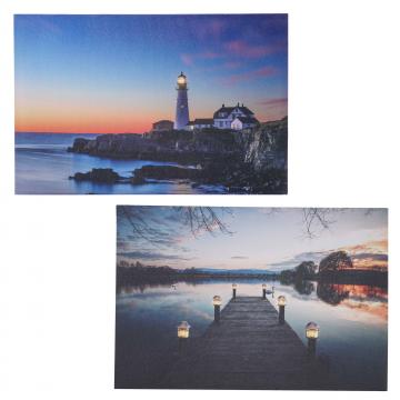 2er-Set LED-Bild, Leinwandbild Leuchtbild Wandbild 40x60cm, Timer ~ Lighthouse