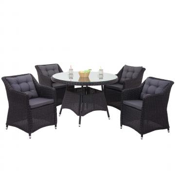 Poly-Rattan Garnitur HWC-F51, Garten-/Lounge-Set Sitzgruppe Tisch+4xStuhl, rundes Rattan anthrazit Kissen dunkelgrau