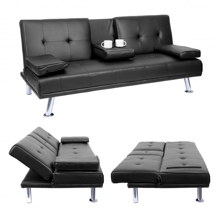 3er-Sofa HWC-F60, Couch Schlafsofa Gästebett, Tassenhalter verstellbar  97x166cm ~ Kunstleder, schwarz von Heute-Wohnen