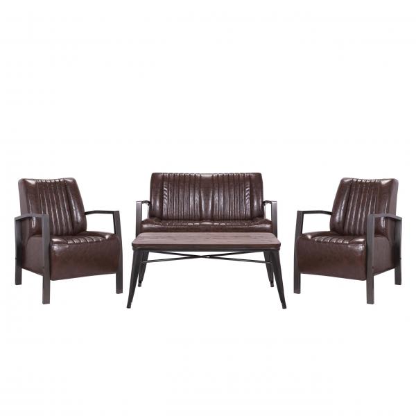 Wohnzimmer-Set HWC-H10, 2er Sofa Polstersessel Couchtisch, Kunstleder Metall Industrial MVG ~ braun