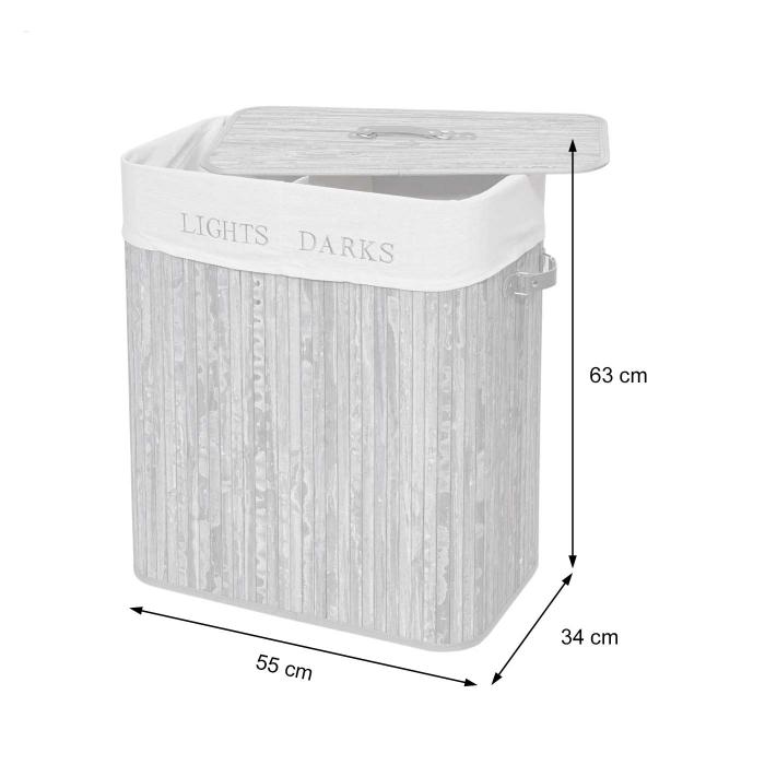 Wäschekorb HWC-C21, Laundry Wäschebox Wäschesammler Wäschebehälter, Bambus  2 Fächer 63x55x34cm 100l ~ schwarz von Heute-Wohnen