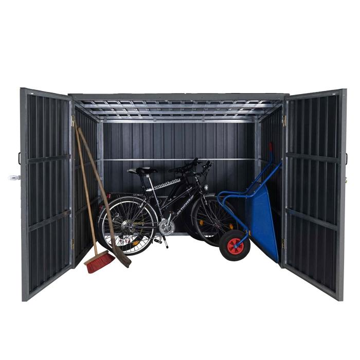 WPC-Fahrradgarage HWC-J29, Geräteschuppen Fahrradbox, Metall Holzoptik  abschließbar ~ 4 Räder 172x213x160cm grau von Heute-Wohnen