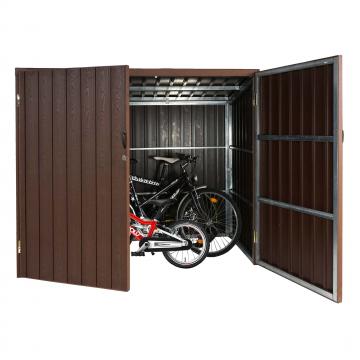 WPC-Fahrradgarage HWC-J29, Gerteschuppen Fahrradbox, Metall Holzoptik abschliebar ~ 4 Rder 172x213x160cm braun