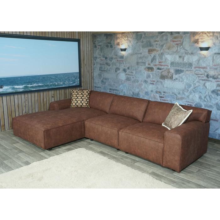Ecksofa HWC-J59, Couch Sofa mit Ottomane links, Made in EU, wasserabweisend  ~ Kunstleder braun von Heute-Wohnen